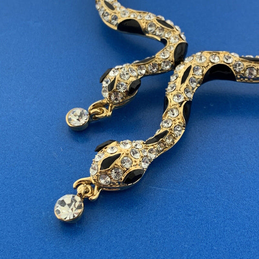 Gold Tone Black Enamel Rhinestone Runway Double Snake Necklace Earrings Set