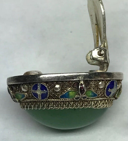 Vintage Artisan Sterling Silver Jade Cloisonne Filigree Statement Clip Earrings