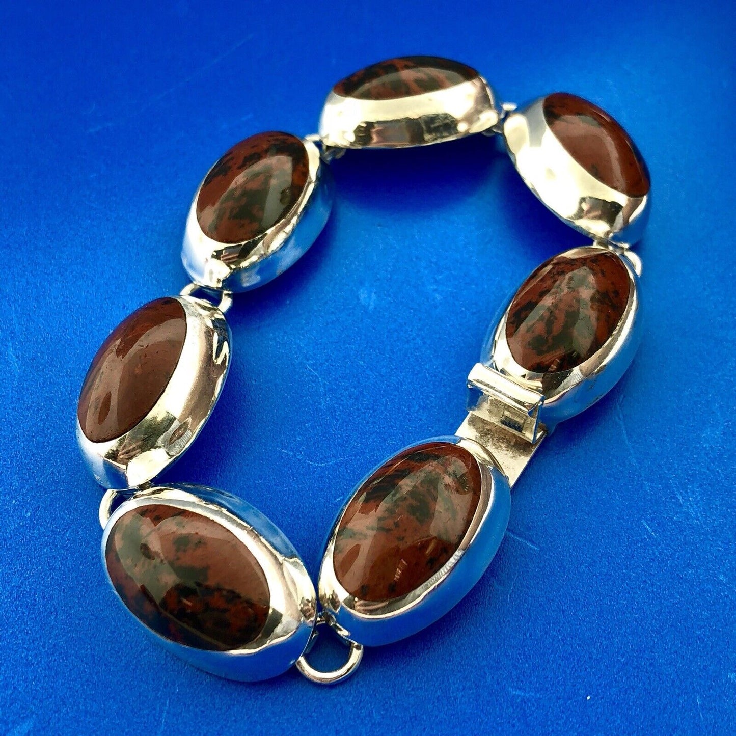 Taxco Mexico 925 Sterling Silver Oval Mahogany Obsidian Cabochon Panel Bracelet