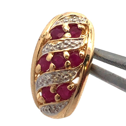 Designer 14K Yellow Gold Round Ruby Diamond Textured Oval Stud Earrings