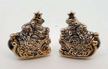 Vintage Silver Gold Tone Santa & Sled Brooch/Pendant Clip Earrings 3 Pc Set