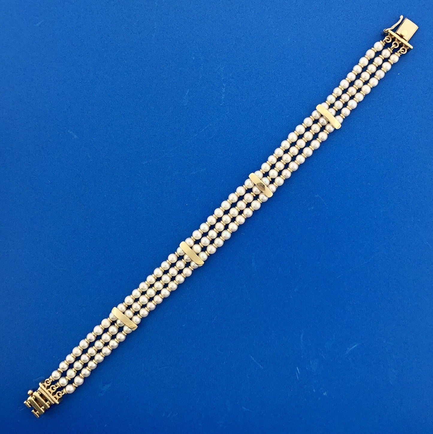 Vintage 14K Yellow Gold Cultured Pearl 3 Strand Bridal June Anniversary Bracelet