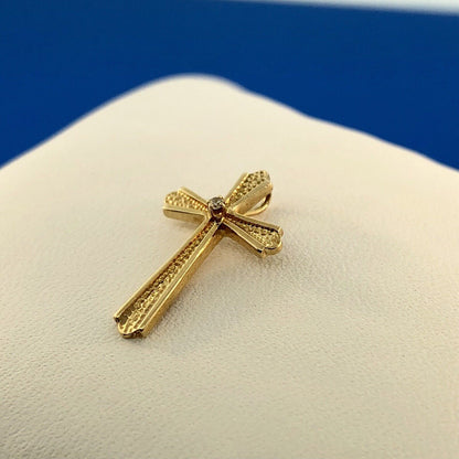 Classic 14K Yellow Gold Diamond Textured Polished Cross Easter Communion Pendant