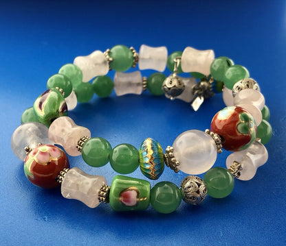 Sterling Silver Green Lavender Jade Ceramic Cloisonne Bead Three Wrap Bracelet