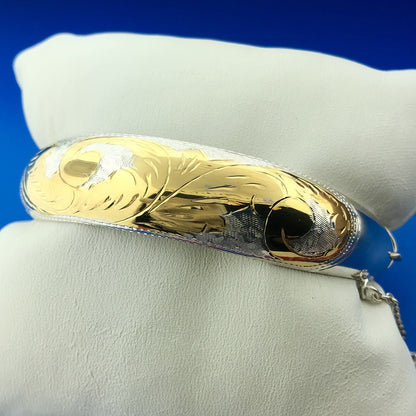 Designer CI Sterling Silver 925 Gold Two Tone Floral Scroll Hinged Cuff Bracelet