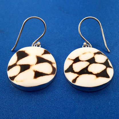 Retro 925 Sterling Silver Brown White Enamel Spotted Skin Disc Dangle Earrings