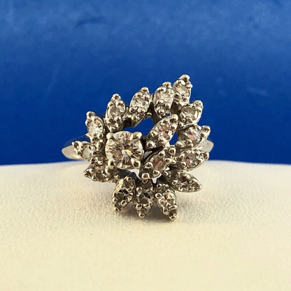 Art Deco 14K White Gold Diamond Free Form Heart Cluster Engagement Cocktail Ring
