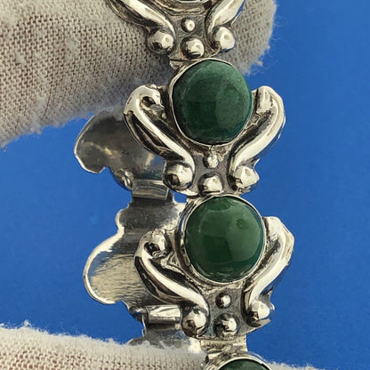 Estate 925 Sterling Silver Green Onyx Cabochon Floral Scroll Panel Link Bracelet