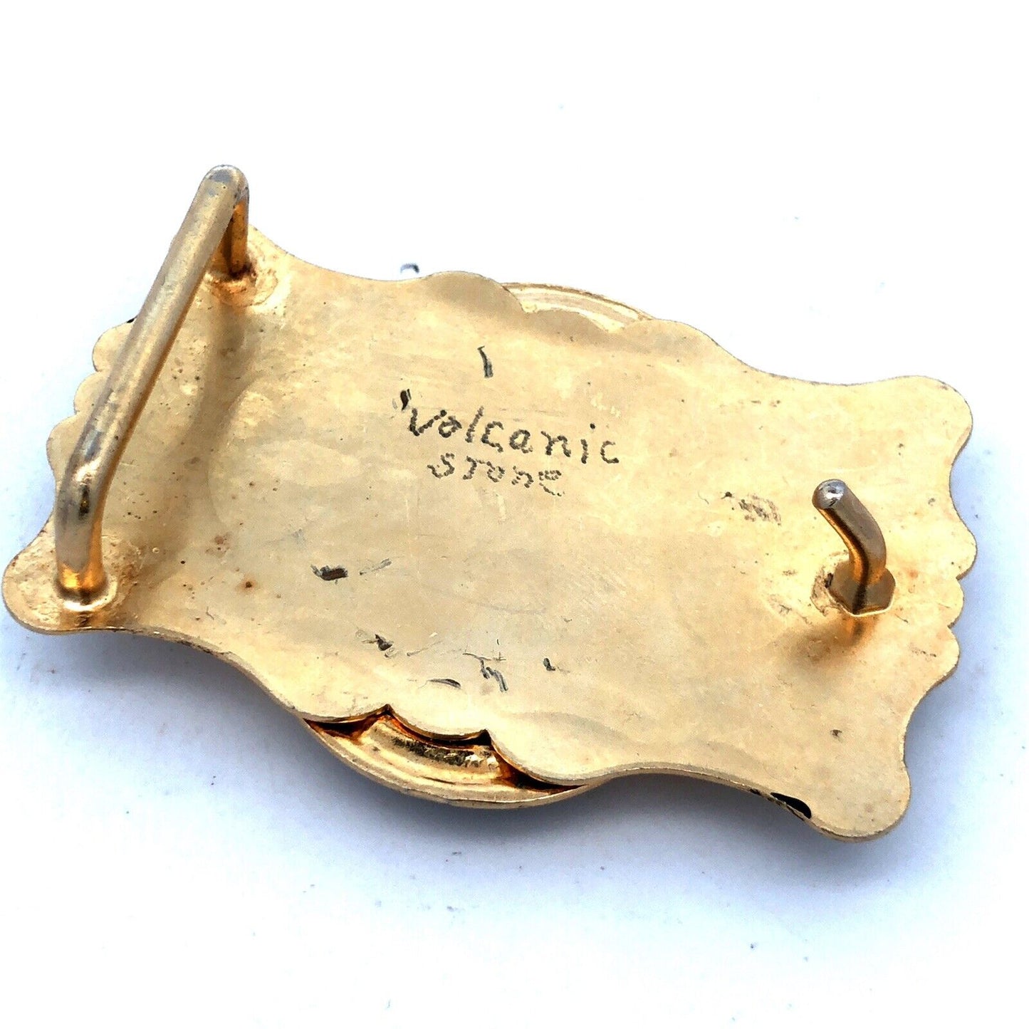 Retro Gold Tone Brass Southwestern Etched Oval Volcanic Stone Unisex Belt Buckle