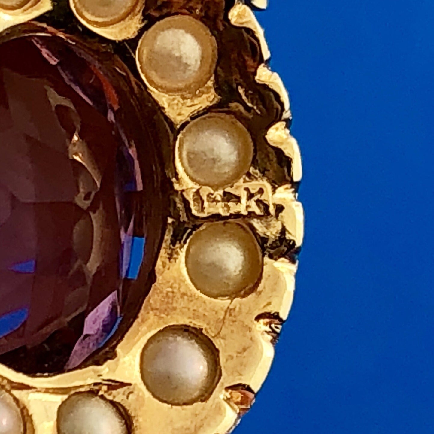 Victorian 14K Yellow Gold Amethyst Seed Pearl Halo February Anniversary Pendant