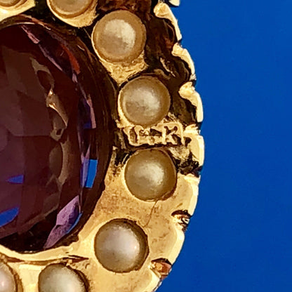 Victorian 14K Yellow Gold Amethyst Seed Pearl Halo February Anniversary Pendant