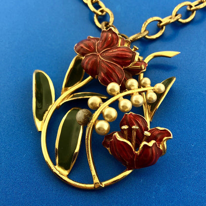 Mid Century Gold Tone Red Green Enamel Faux Pearl Rhinestone Floral Necklace