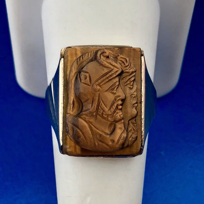 Vintage Men's 10K Yellow Gold Carved Intaglio Tiger's Eye Roman Textured Ring