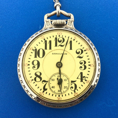 1928 Hamilton 14K White Gold-Filled Railroad Grade Open Face Pocket Watch w/Fob