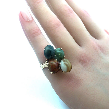 Retro Custom 14K Yellow Gold Jade Agate Jasper Protection Strength Courage Ring