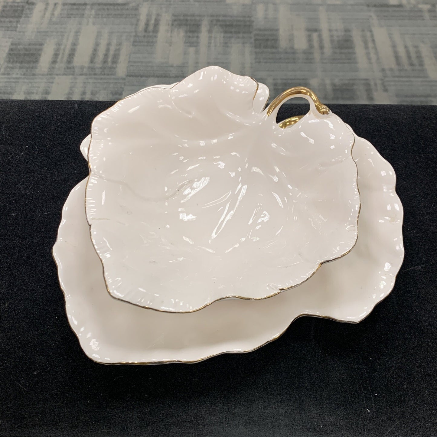 WCL China Set Of Two White Gold Rimmed Leaf Dip Candy Plate Bowl Dish