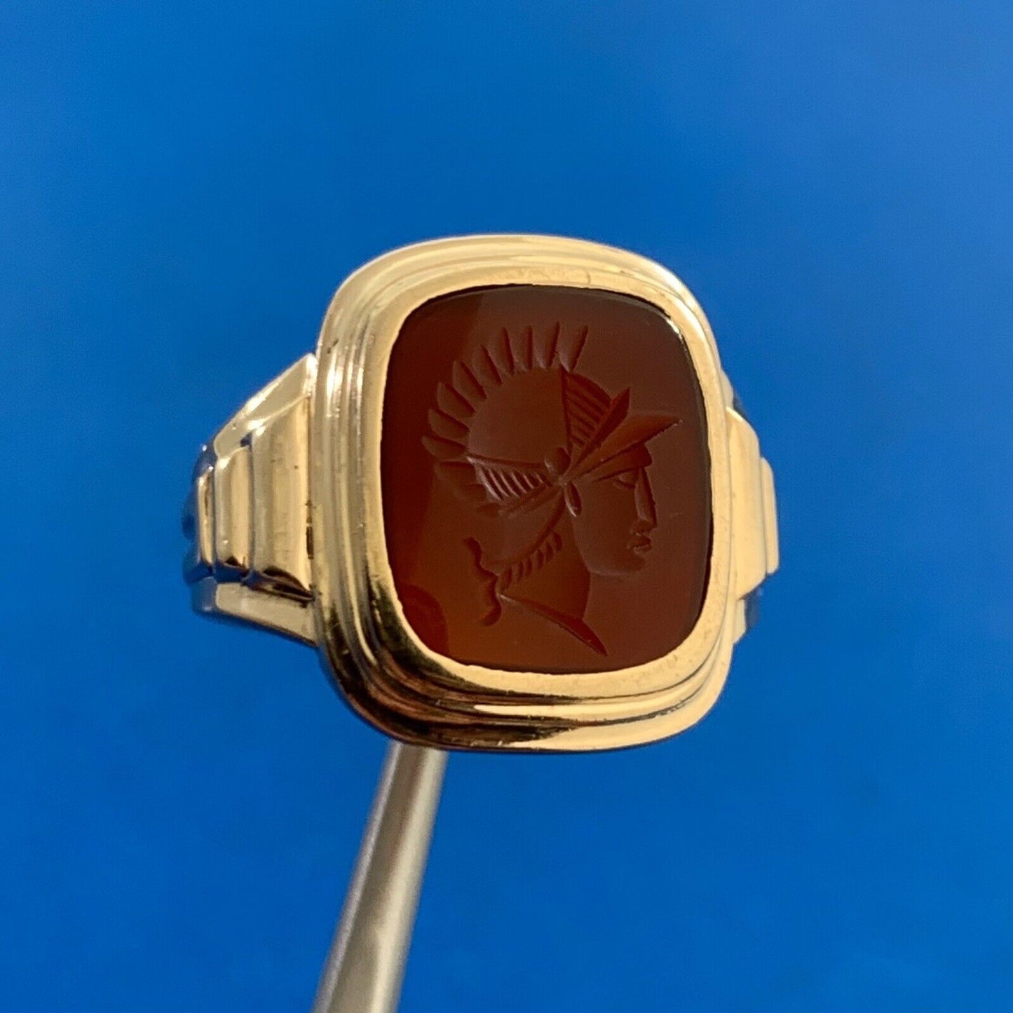 Estate 10K Yellow Gold Carved Centurion Soldier Unisex Statement Ring