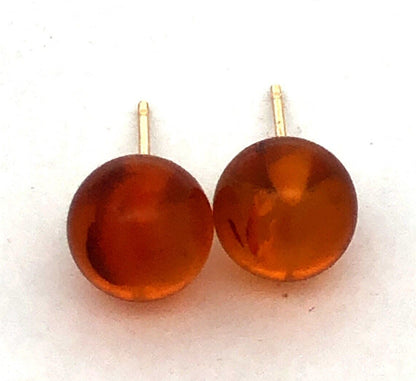 Estate 14K Yellow Gold Round Orange Amber Ball Solitaire Stud Earrings