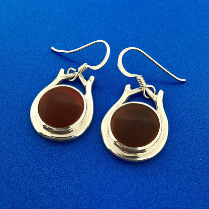Stunning Sterling Silver 925 Cabochon Amber Circular Dangle Hook Earrings