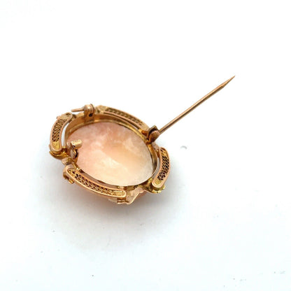 Victorian 10K Yellow Gold Leaf Design Filigree Carved Oval Cameo Pendant Brooch