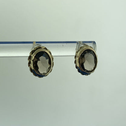Vintage 14K Yellow Gold Oval Smoky Quartz Stud Earrings