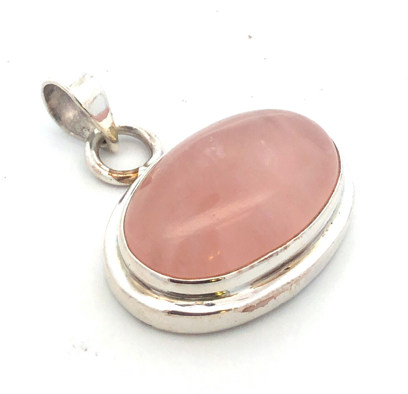 Vintage 925 Sterling Silver Oval Rose Quartz Cabochon Statement Pendant