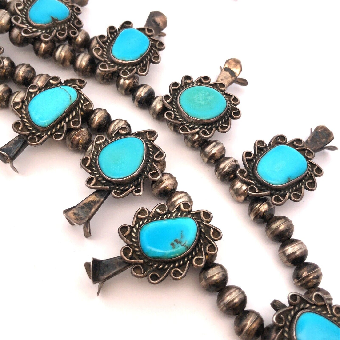 Vintage Native American 925 Sterling Silver Turquoise Squash Blossom Necklace