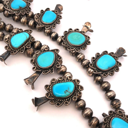 Vintage Native American 925 Sterling Silver Turquoise Squash Blossom Necklace