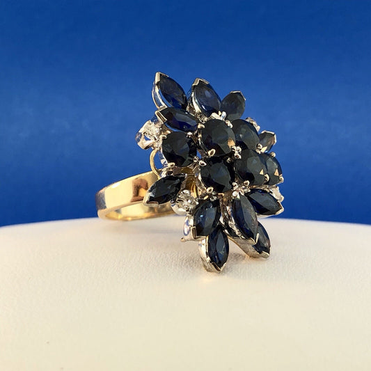 Estate 1982 14K Yellow Gold Sapphire Diamond Waterfall Cluster Statement Ring