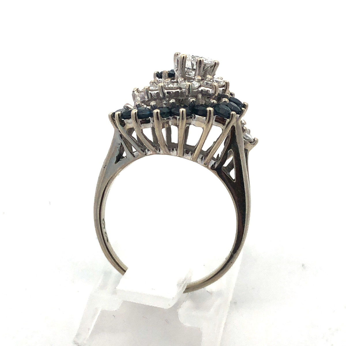 Designer 14K White Gold Diamond Solitaire W/Sapphire Diamond Accents Spiral Ring