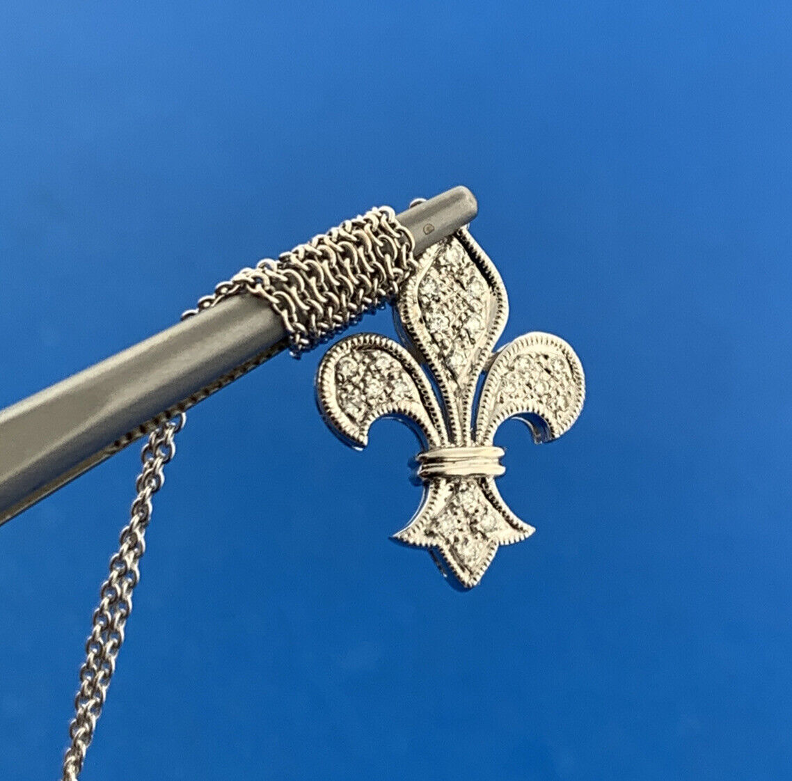 Designer BK 18k White Gold Round Cut Diamond Fleur De Lis 16.5" Chain Necklace