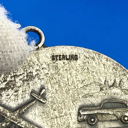 Vintage 925 Sterling Silver Saint Christopher Protect US Religious Disc Pendant