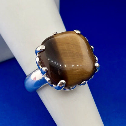 Designer 925 Sterling Silver Square Tigers Eye Fleur De Lis Statement Ring