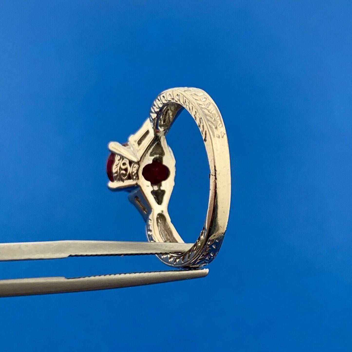 Designer 14K White Gold Oval Ruby Diamond Trillion Accented July Cocktail Ring