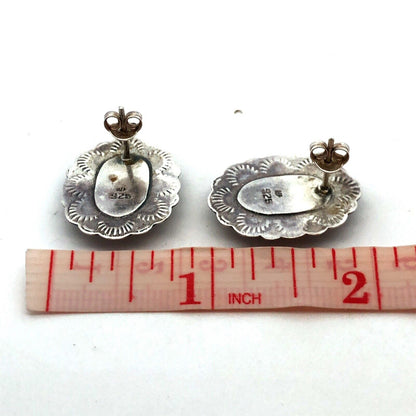 Native American Marked 925 Sterling Silver Oval Black Onyx Concho Stud Earrings