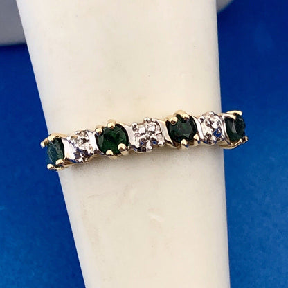 Retro 10K Yellow White Gold Emerald Diamond Stackable Anniversary Band Ring