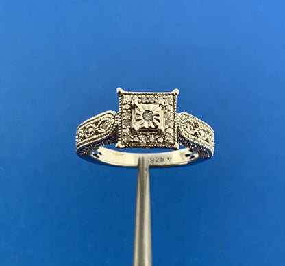 Designer 925 Sterling Silver Diamond Square Top Halo Accented Engagement Ring