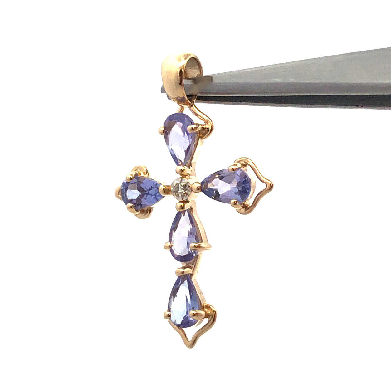 Designer Mexico 14K Yellow Gold Pear Tanzanite Diamond Accent Cross Pendant