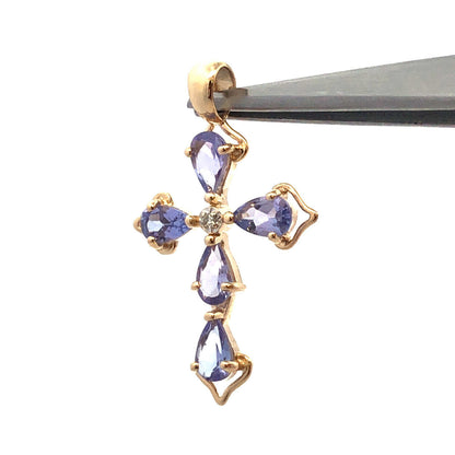 Designer Mexico 14K Yellow Gold Pear Tanzanite Diamond Accent Cross Pendant