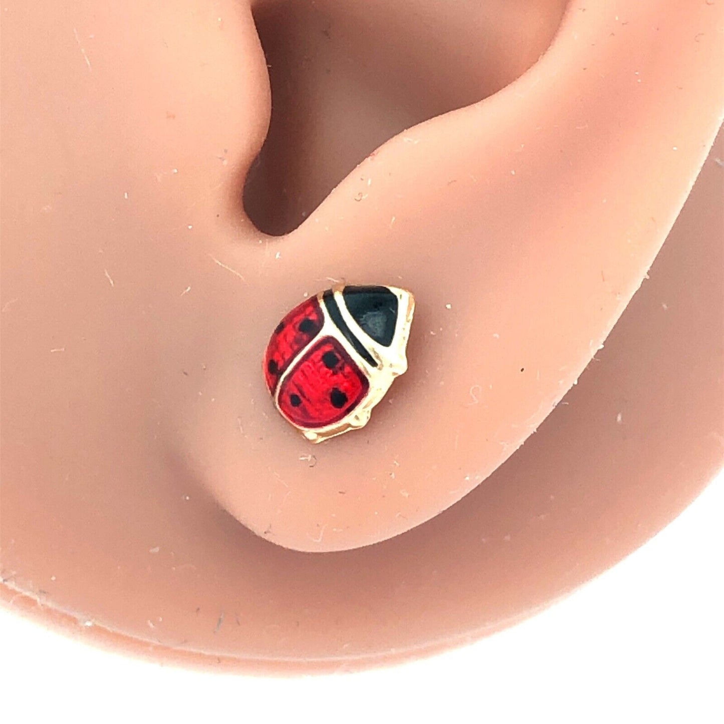 Designer JCM 14KT Yellow Gold Red Black Enamel Lady Bug Stud Earrings