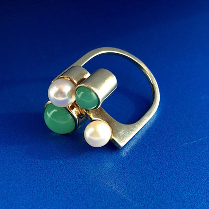 Retro 14K Germany Pearl Tourmaline Modernist Abstract Free Form Cocktail Ring