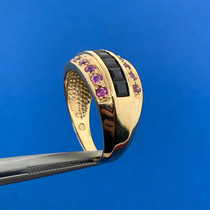 14K Yellow Gold Princess Sapphire Round Ruby Accented Statement Band Ring