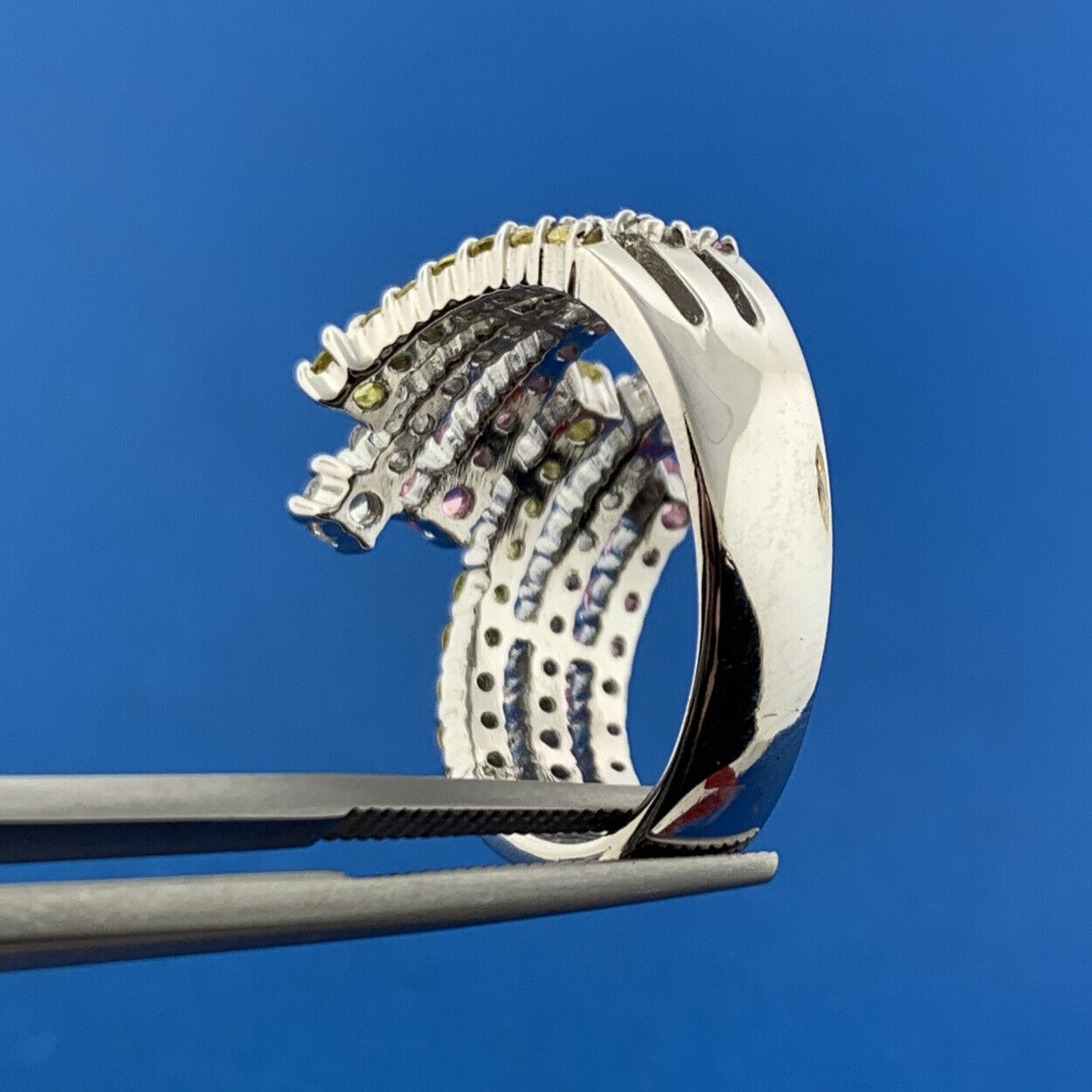 Designer Sterling Silver Pink White Yellow Cubic Zirconia Statement Bypass Ring