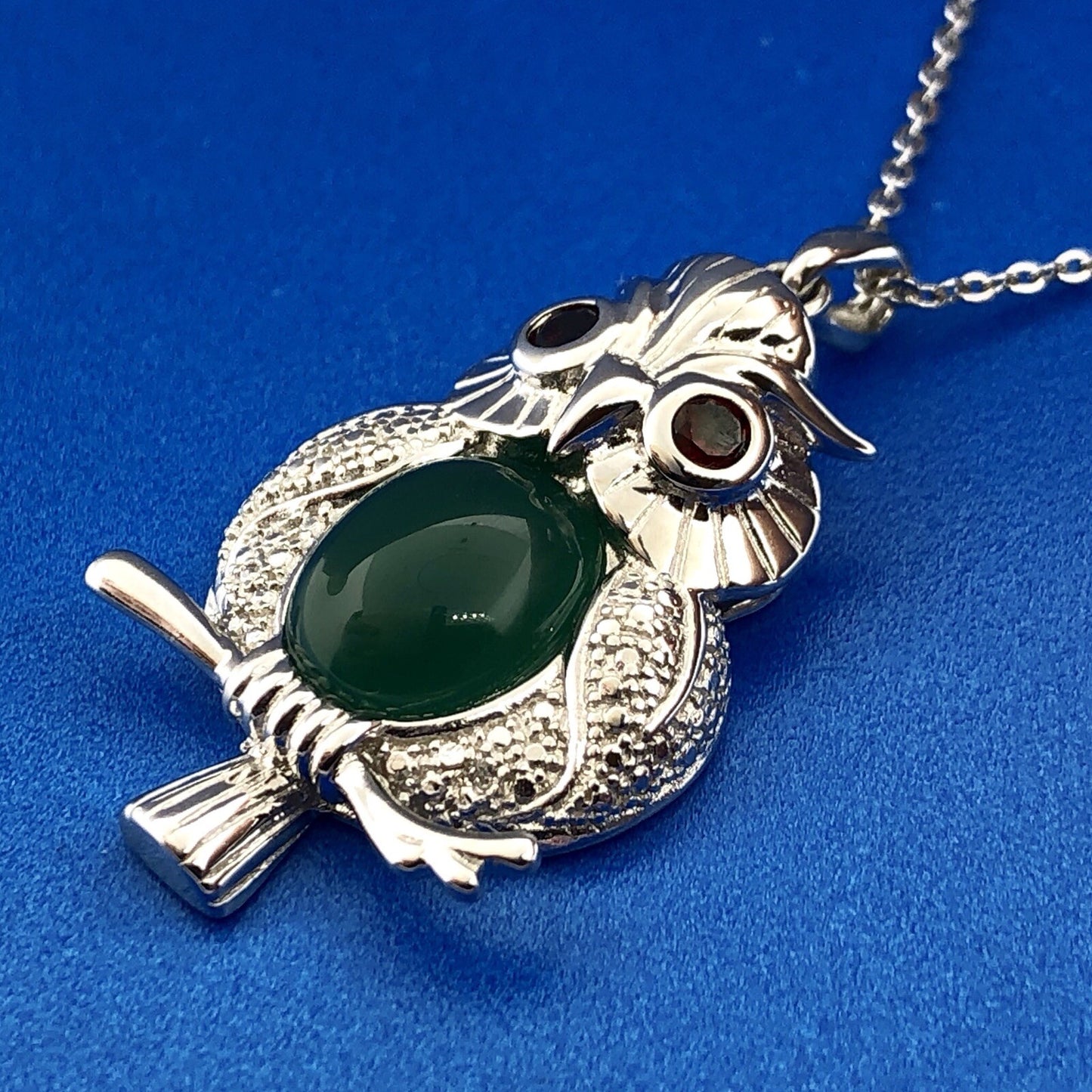 Designer Sterling Silver Green Onyx Garnet Textured Plump Owl Fashion Necklace