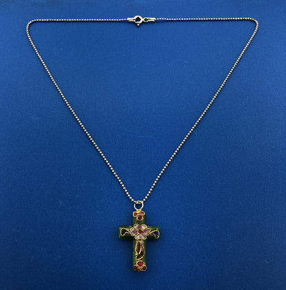 Retro 925 Sterling Silver Vermeil Enamel Cloisonne Cross Two Toned Necklace