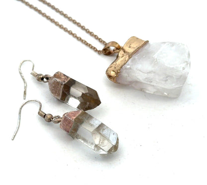 Vintage Gold & Silver Tone Crystal Quartz Chakra Healing Necklace Earrings Set