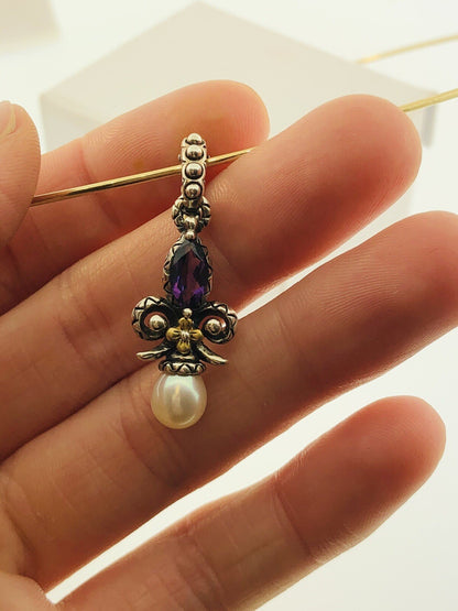Barbara Bixby 18K Gold Sterling Silver Pearl Amethyst Drop Enhancer Pendant S173