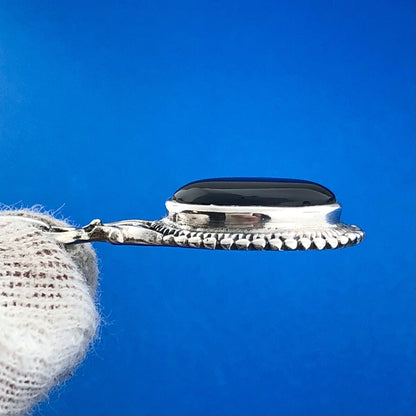 Stunning Sterling Silver 925 Oval Shaped Cabochon Black Onyx Dangle Pendant