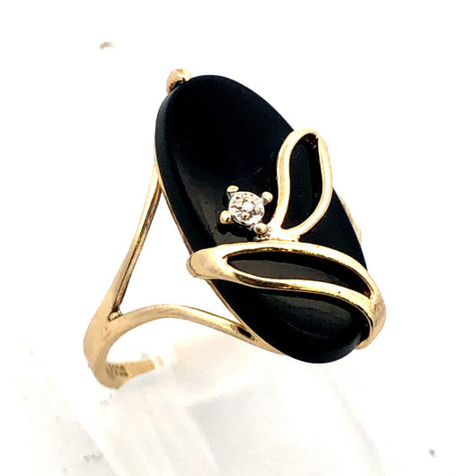 10K Yellow Gold Designer PSCO Oval Black Onyx Diamond Flower Statement Ring