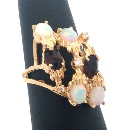 Vintage 14K Yellow Gold Diamond Garnet Opal Free Form Statement Cocktail Ring